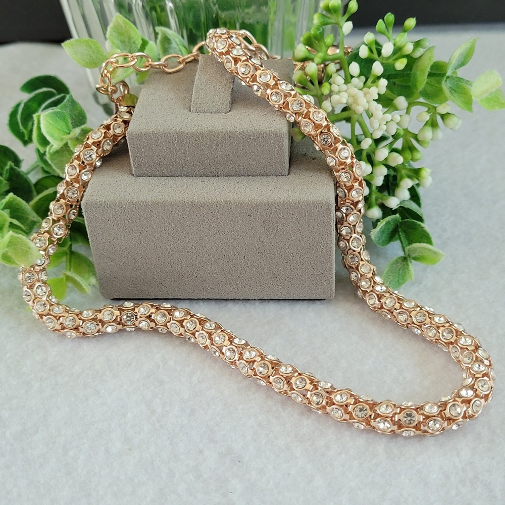 Swarovski Crystal Mesh Collar Necklace Rose Gold Tone Clear Crystals 16"